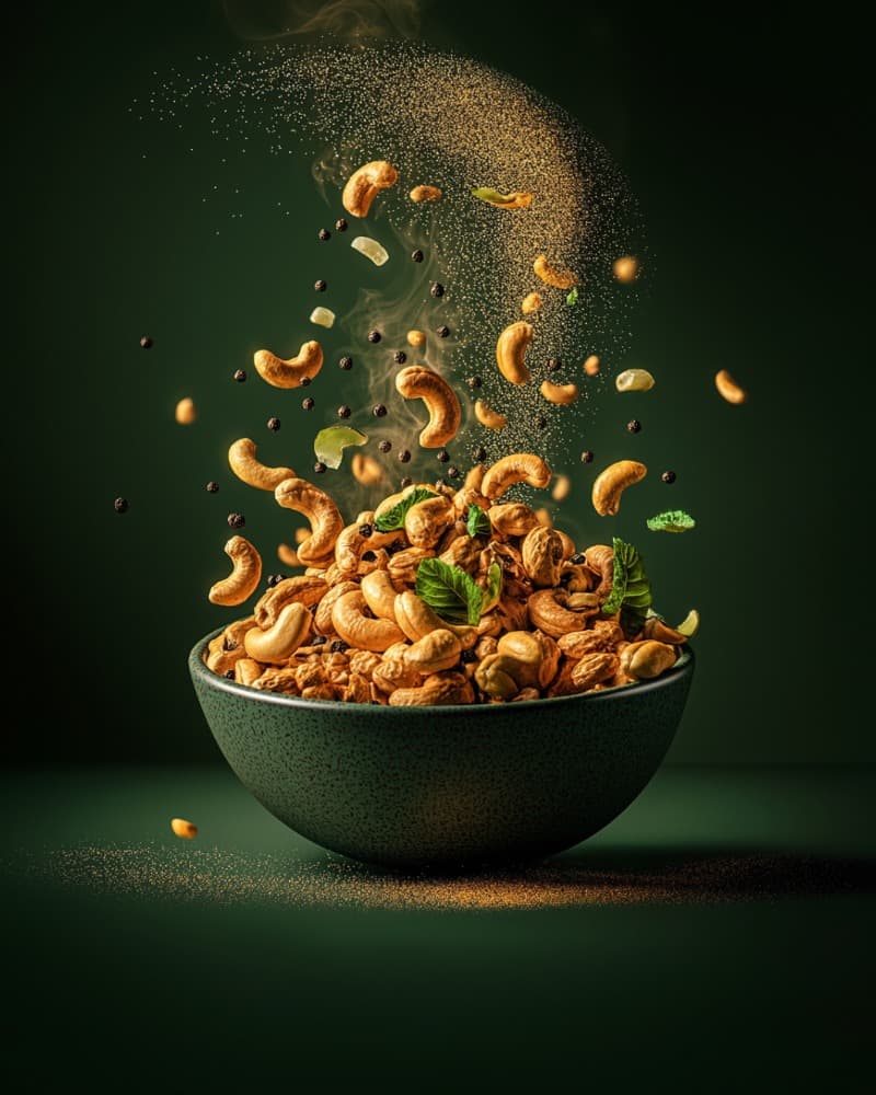 Curry-leaf cashews mid-toss in a green bowl