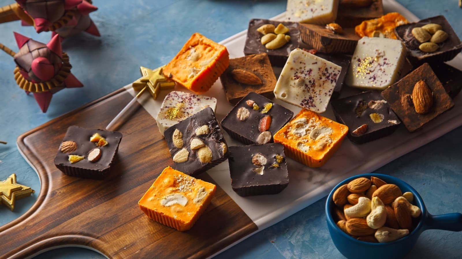 Chocolate and orange nut squares on a festive board