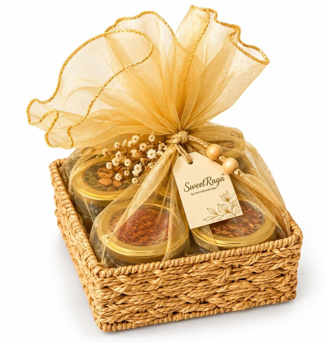 Wicker basket, gold organza